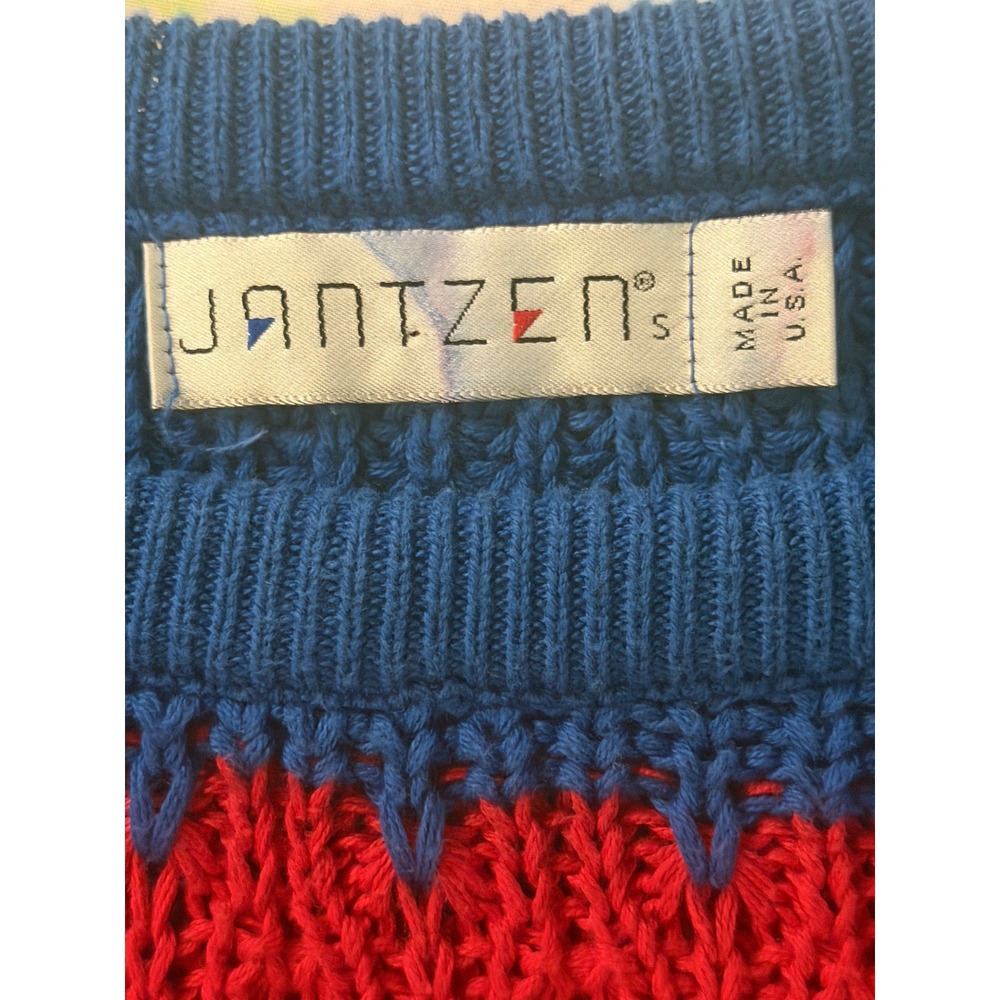 Vintage Jantzen | Striped Cotton Knit Sweater Small Blue Red Grandpa Made in USA - Picture 4 of 8